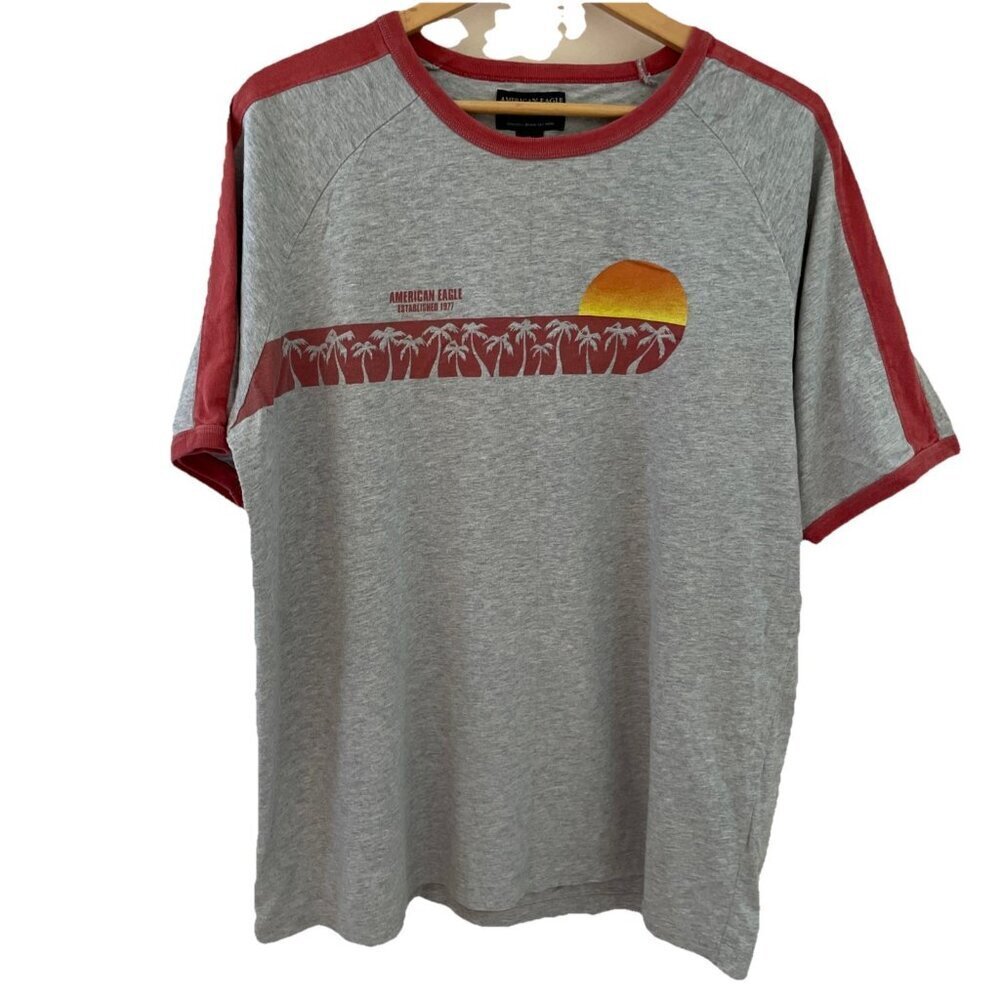 Vintage Y2K American Eagle Ringer T-Shirt Men's XL Gray Orange Raglan Sleeves